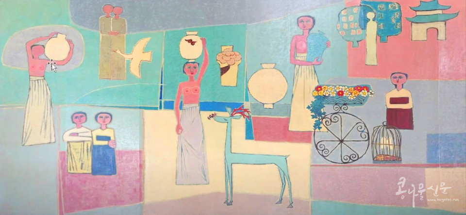 김환기, '여인들과 항아리', 코튼에 유채, 281×567cm, 1950년대, 국립현대미술관