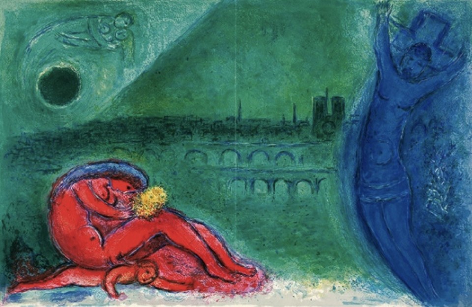 마르크 샤갈, 「투르넬 강변(파리를 향한 시선)」, 39x60cm, 1960. 컬러 리도그래피