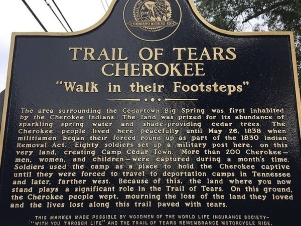 미국 조지아주 빅스프링에 설치된 ‘눈물의 여로’ 표지판. 추방되기 전까지 체로키 인디언들은 이곳에서 평화롭게 살았다.