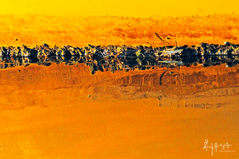「Yellow의 반란」 80x53cm/DMMC/2023. 노란색 보트 선체가 물 위에 반사된 모습을 클로즈업 한 것이다. 촬영장소; Middle Habour
